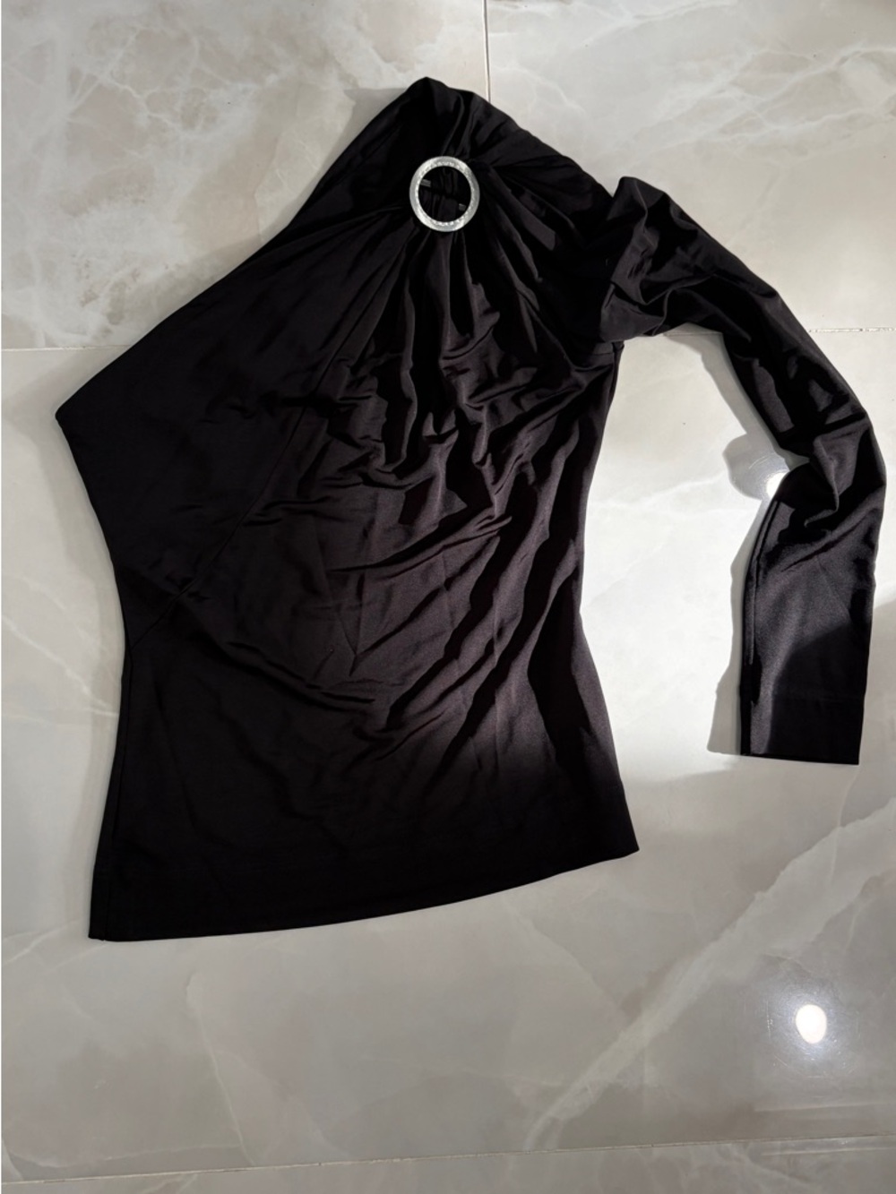 Roberto Cavalli Black One-Shoulder Long Sleeve Top with Ring Detail